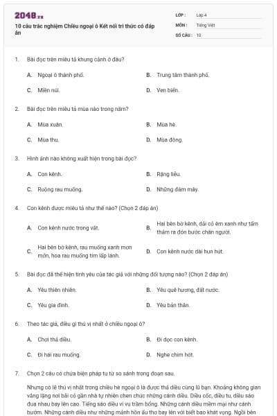 10 câu trắc nghiệm Chiều ngoại ô Kết nối tri thức có đáp án