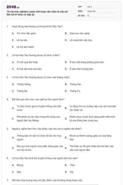 10 câu trắc nghiệm Luyện viết đoạn văn miêu tả cây cối Kết nối tri thức có đáp án