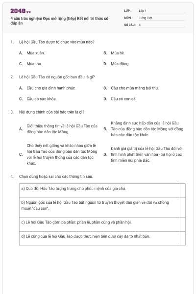 4 câu trắc nghiệm Đọc mở rộng (tiếp) Kết nối tri thức có đáp án