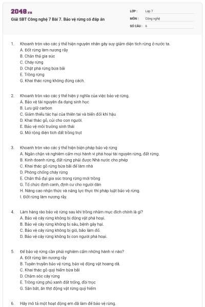 Giải SBT Công nghệ 7 Bài 7. Bảo vệ rừng có đáp án
