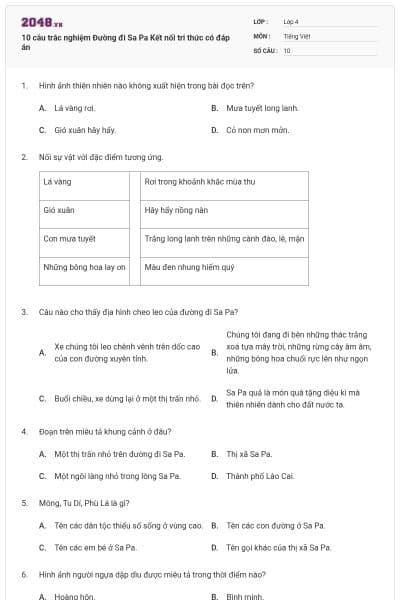 10 câu trắc nghiệm Đường đi Sa Pa Kết nối tri thức có đáp án