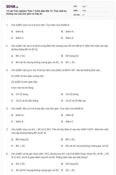 15 câu Trắc nghiệm Toán 7 Cánh diều Bài 13: Tính chất ba đường cao của tam giác có đáp án