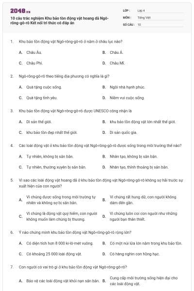 10 câu trắc nghiệm Khu bảo tồn động vật hoang dã Ngô-rông-gô-rô Kết nối tri thức có đáp án