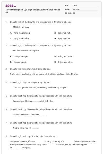 10 câu trắc nghiệm Lựa chọn từ ngữ Kết nối tri thức có đáp án