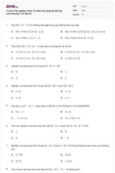 15 câu Trắc nghiệm Toán 10 chân trời sáng tạo Bài tập cuối chương 7 có đáp án