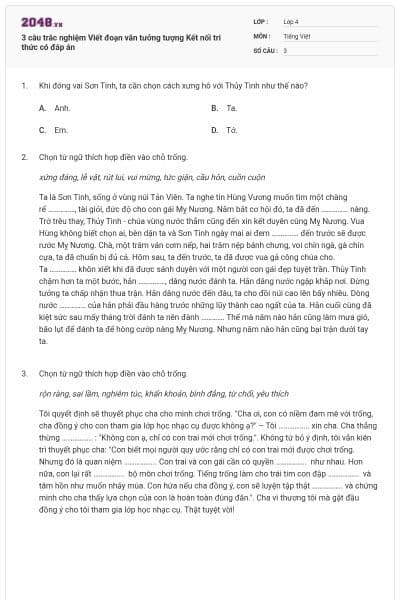 3 câu trắc nghiệm Viết đoạn văn tưởng tượng Kết nối tri thức có đáp án