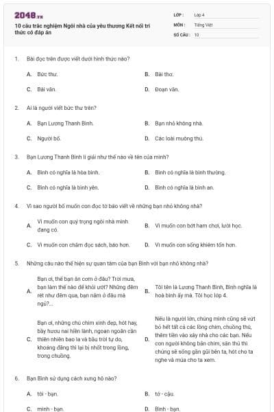 10 câu trắc nghiệm Ngôi nhà của yêu thương Kết nối tri thức có đáp án