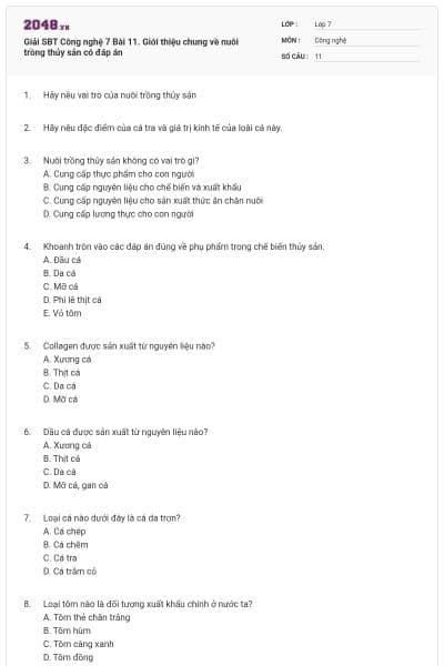 Giải SBT Công nghệ 7 Bài 11. Giới thiệu chung về nuôi trồng thủy sản có đáp án