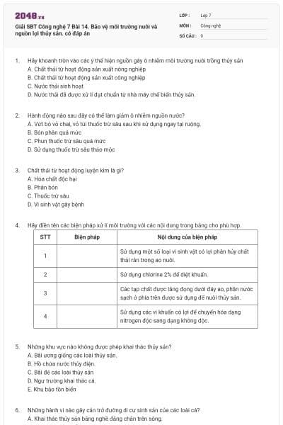 Giải SBT Công nghệ 7 Bài 14. Bảo vệ môi trường nuôi và nguồn lợi thủy sản. có đáp án