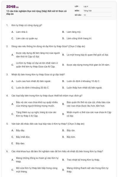 12 câu trắc nghiệm Đọc mở rộng (tiếp) Kết nối tri thức có đáp án