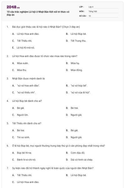 10 câu trắc nghiệm Lễ hội ở Nhật Bản Kết nối tri thức có đáp án