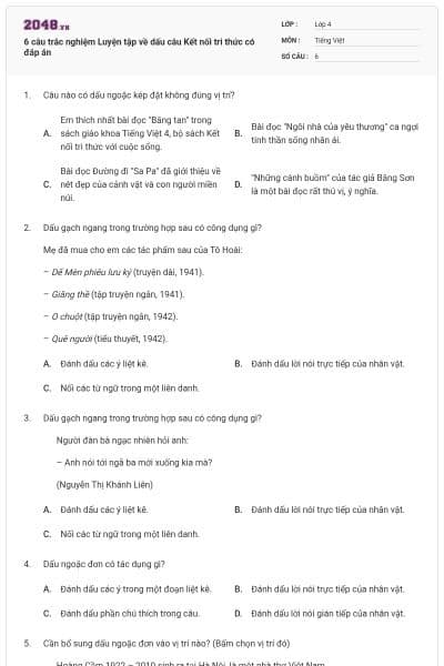 6 câu trắc nghiệm Luyện tập về dấu câu Kết nối tri thức có đáp án