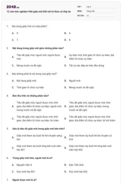 12 câu trắc nghiệm Viết giấy mời Kết nối tri thức có đáp án