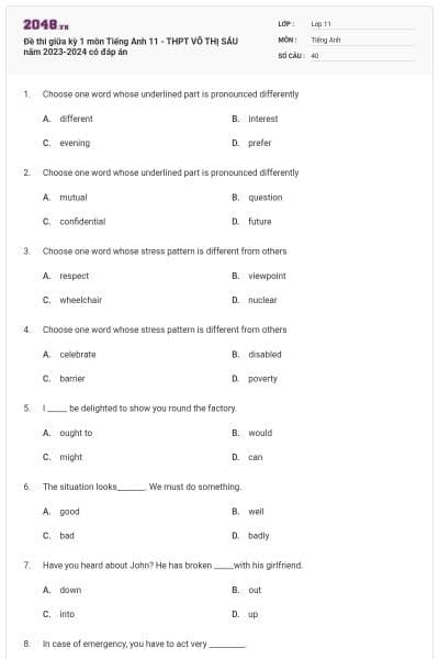Đề thi giữa kỳ 1 môn Tiếng Anh 11 - THPT VÕ THỊ SÁU năm 2023-2024 có đáp án