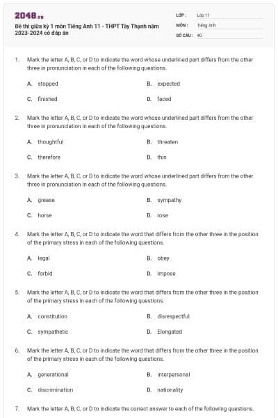 Đề thi giữa kỳ 1 môn Tiếng Anh 11 - THPT Tây Thạnh năm 2023-2024 có đáp án