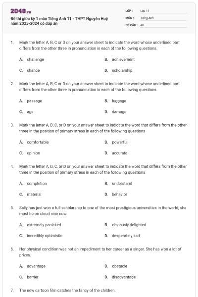 Đề thi giữa kỳ 1 môn Tiếng Anh 11 - THPT Nguyễn Huệ năm 2023-2024 có đáp án