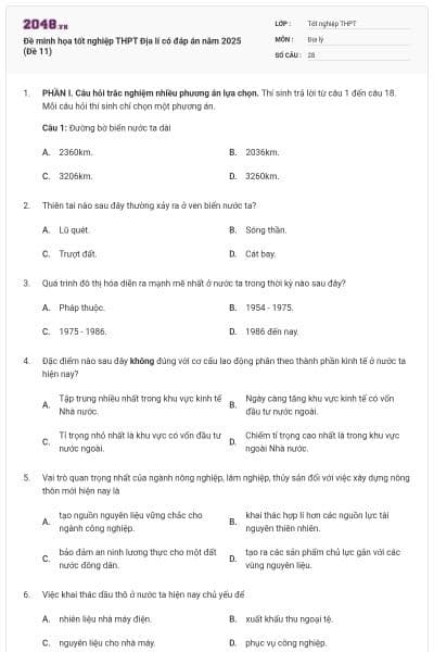 Đề minh họa tốt nghiệp THPT Địa lí có đáp án năm 2025 (Đề 11)
