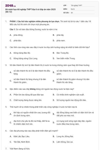 Đề minh họa tốt nghiệp THPT Địa lí có đáp án năm 2025 (Đề 12)