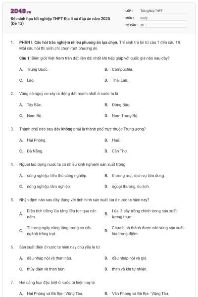 Đề minh họa tốt nghiệp THPT Địa lí có đáp án năm 2025 (Đề 13)