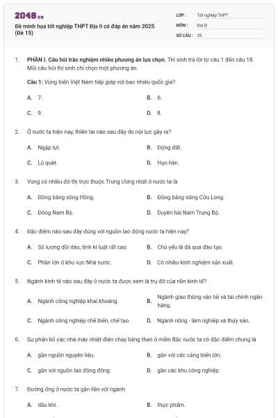 Đề minh họa tốt nghiệp THPT Địa lí có đáp án năm 2025 (Đề 15)