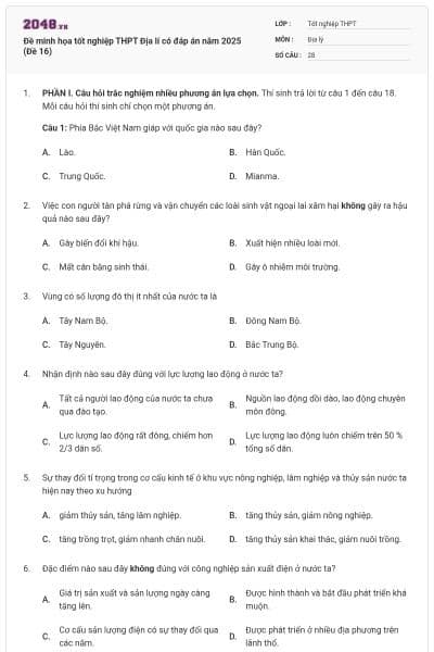 Đề minh họa tốt nghiệp THPT Địa lí có đáp án năm 2025 (Đề 16)