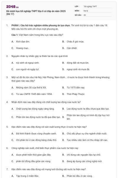 Đề minh họa tốt nghiệp THPT Địa lí có đáp án năm 2025 (Đề 17)