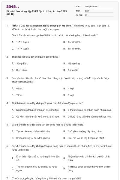 Đề minh họa tốt nghiệp THPT Địa lí có đáp án năm 2025 (Đề 18)