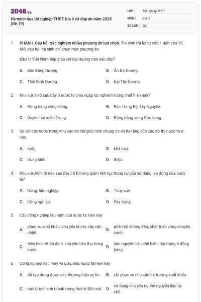 Đề minh họa tốt nghiệp THPT Địa lí có đáp án năm 2025 (Đề 19)