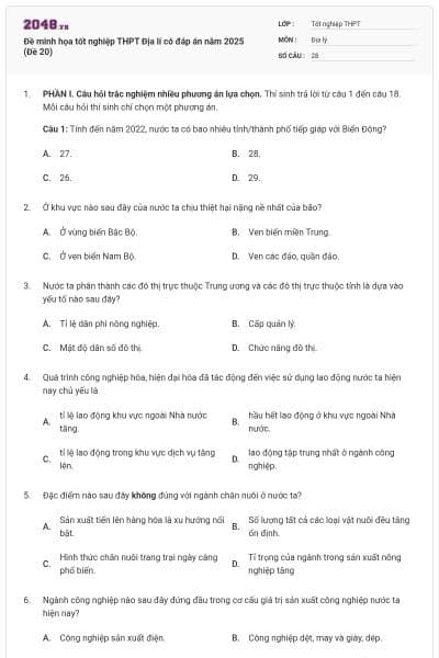 Đề minh họa tốt nghiệp THPT Địa lí có đáp án năm 2025 (Đề 20)