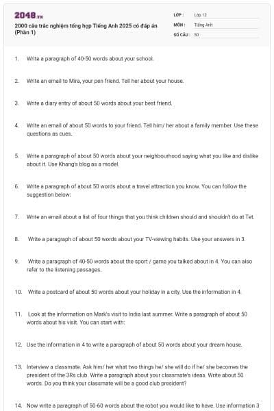 2000 câu trắc nghiệm tổng hợp Tiếng Anh 2025 có đáp án (Phần 1)