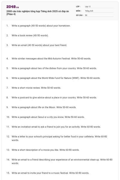 2000 câu trắc nghiệm tổng hợp Tiếng Anh 2025 có đáp án (Phần 4)