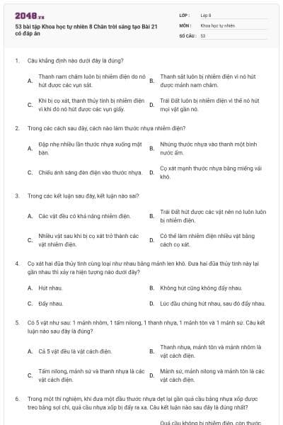 53 bài tập Khoa học tự nhiên 8 Chân trời sáng tạo Bài 21 có đáp án