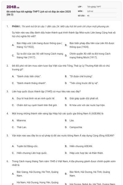 Đề minh họa tốt nghiệp THPT Lịch sử có đáp án năm 2025 (Đề 3)