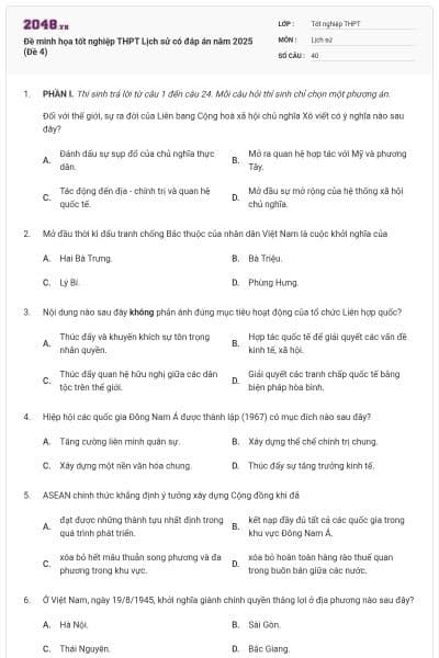 Đề minh họa tốt nghiệp THPT Lịch sử có đáp án năm 2025 (Đề 4)