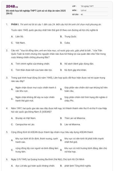 Đề minh họa tốt nghiệp THPT Lịch sử có đáp án năm 2025 (Đề 8)