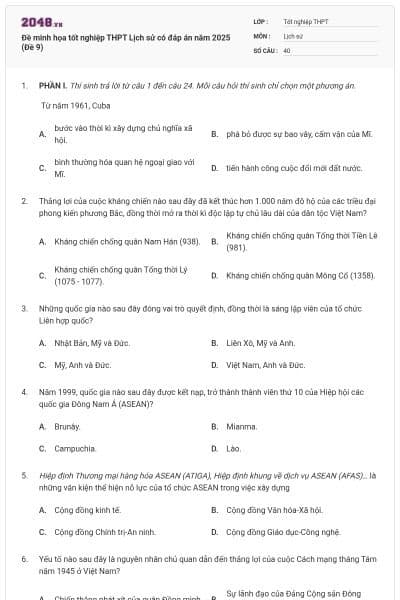 Đề minh họa tốt nghiệp THPT Lịch sử có đáp án năm 2025 (Đề 9)