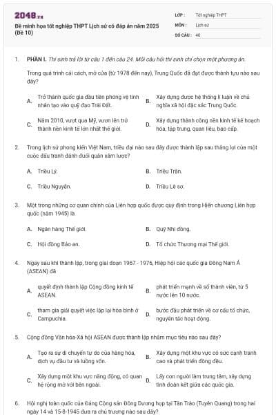 Đề minh họa tốt nghiệp THPT Lịch sử có đáp án năm 2025 (Đề 10)