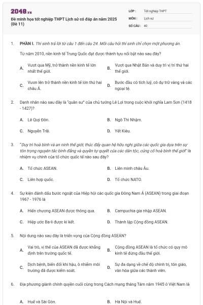 Đề minh họa tốt nghiệp THPT Lịch sử có đáp án năm 2025 (Đề 11)