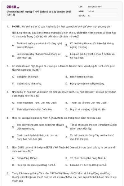Đề minh họa tốt nghiệp THPT Lịch sử có đáp án năm 2025 (Đề 12)