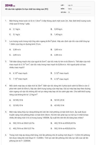 40 câu trắc nghiệm Cơ học chất lưu nâng cao (P2)