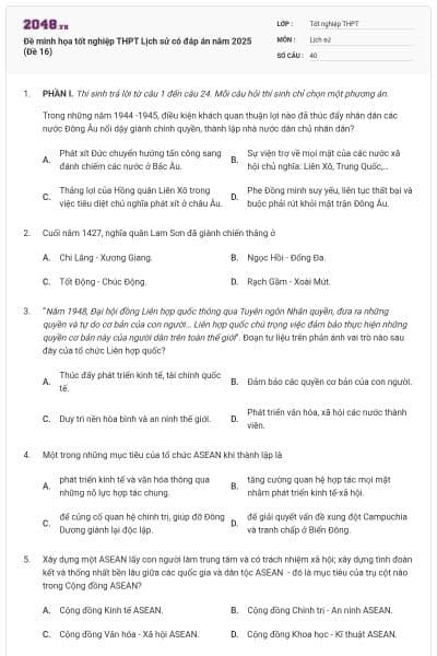 Đề minh họa tốt nghiệp THPT Lịch sử có đáp án năm 2025 (Đề 16)