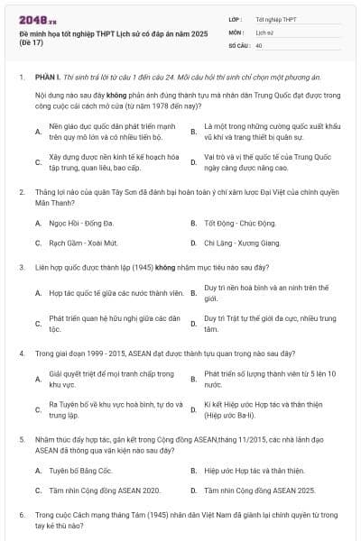 Đề minh họa tốt nghiệp THPT Lịch sử có đáp án năm 2025 (Đề 17)