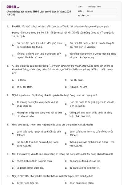 Đề minh họa tốt nghiệp THPT Lịch sử có đáp án năm 2025 (Đề 20)