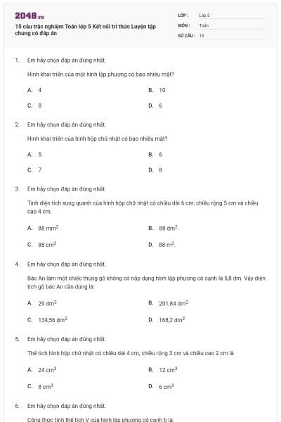 15 câu trắc nghiệm Toán lớp 5 Kết nối tri thức Luyện tập chung có đáp án