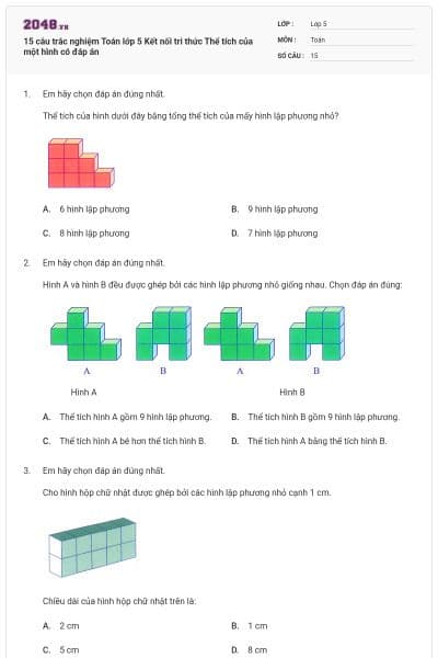 15 câu trắc nghiệm Toán lớp 5 Kết nối tri thức Thể tích của một hình có đáp án
