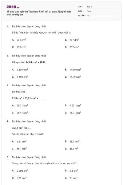 15 câu trắc nghiệm Toán lớp 5 Kết nối tri thức Xăng-ti-mét khối có đáp án