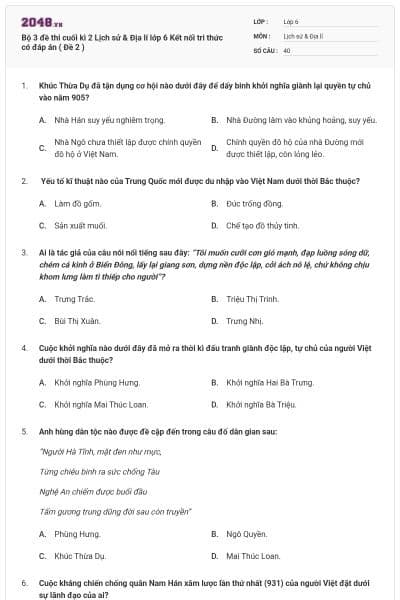 Bộ 3 đề thi cuối kì 2 Lịch sử & Địa lí lớp 6 Kết nối tri thức có đáp án ( Đề 2 )