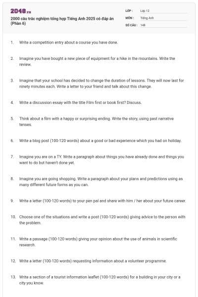 2000 câu trắc nghiệm tổng hợp Tiếng Anh 2025 có đáp án (Phần 6)