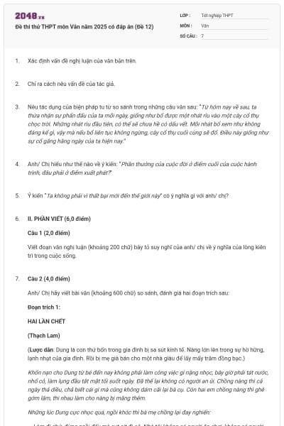 Đề thi thử THPT môn Văn năm 2025 có đáp án (Đề 12)