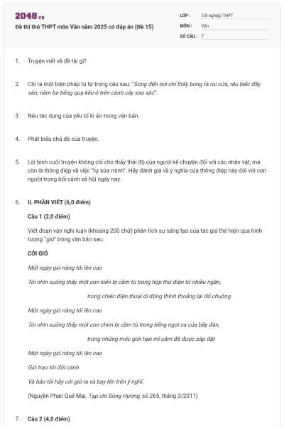 Đề thi thử THPT môn Văn năm 2025 có đáp án (Đề 15)